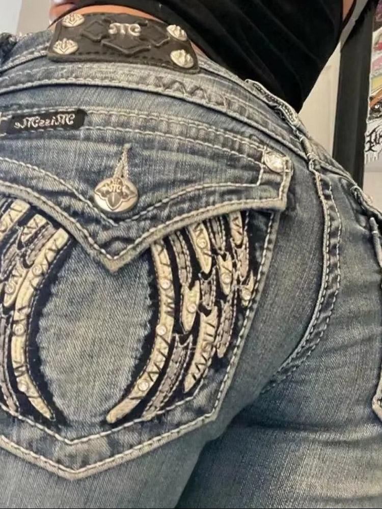 Amerikanische Retro Slim Flare Jeans Damen Y2k Harajuku Gothic Vintage Tasche bestickt blaue Jeanshose niedrige Taille Hose mit weitem Bein S blau von Joom DACH