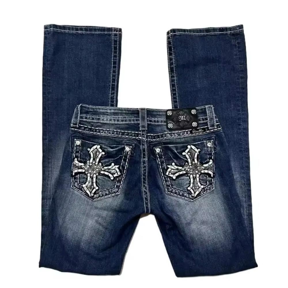 Amerikanische Retro Slim Flare Jeans Damen Y2k Harajuku Gothic Vintage Tasche bestickt blaue Jeanshose niedrige Taille Hose mit weitem Bein S von Joom DACH