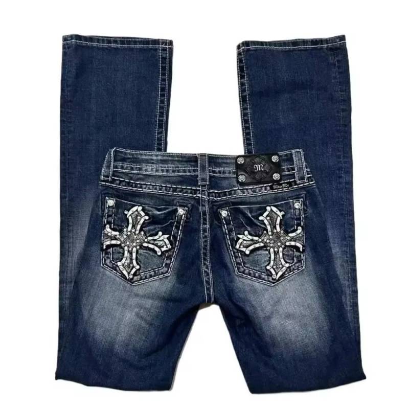 Amerikanische Retro Slim Flare Jeans Damen Y2k Harajuku Gothic Vintage Tasche bestickt blaue Jeanshose niedrige Taille Hose mit weitem Bein S von Joom DACH