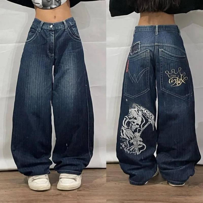 Amerikanische Y2K neue Muster Stickerei lose Jeans Frauen Straße Casual Joker Wischen übergroße Hose mit weitem Bein Paar Jeans L blau von Joom DACH