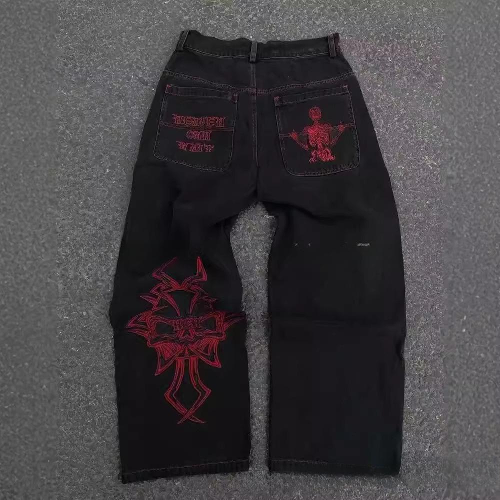 Amerikanische Y2K neue Muster Stickerei lose Jeans Frauen Straße Casual Joker Wischen übergroße Hose mit weitem Bein Paar Jeans L rot von Joom DACH