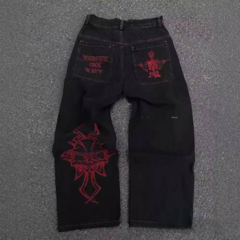 Amerikanische Y2K neue Muster Stickerei lose Jeans Frauen Straße Casual Joker Wischen übergroße Hose mit weitem Bein Paar Jeans L rot von Joom DACH