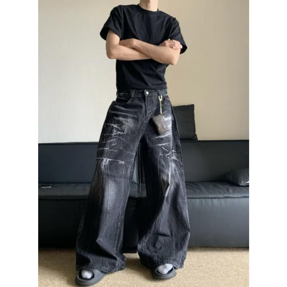 Amerikanische gewaschene alte Lightning-Muster Vibe Jeans Herren Lockere Weitbeinige Hosen Jeans Neue Mode XXXL schwarz von Joom DACH