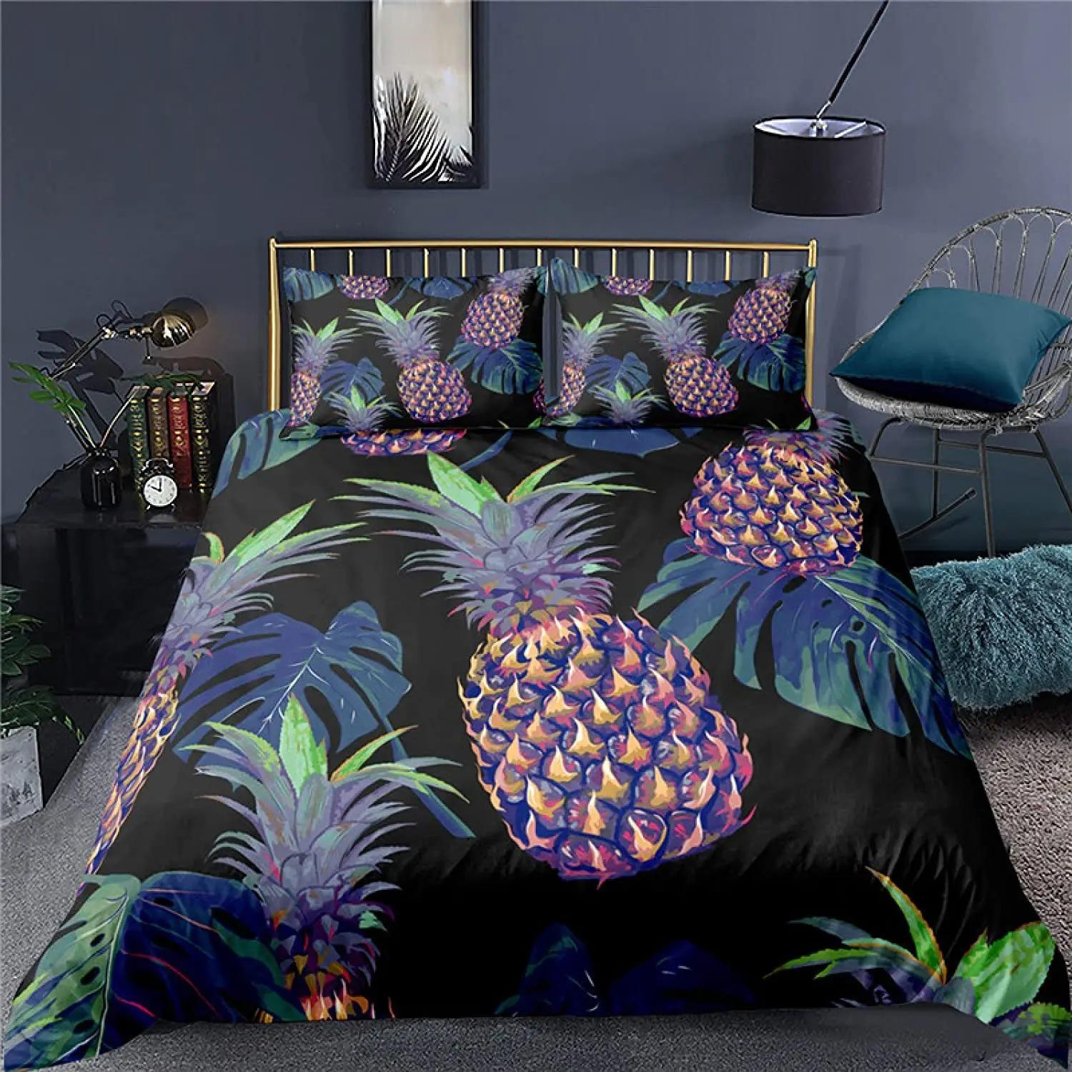 Ananas-Bettbezug-Set, gelbes Fruchtmuster, King- und Queen-Size-Größe für Kinder, Jungen und Mädchen, Polyester-Bettbezug mit Kissenbezug 70x133cm von Joom DACH