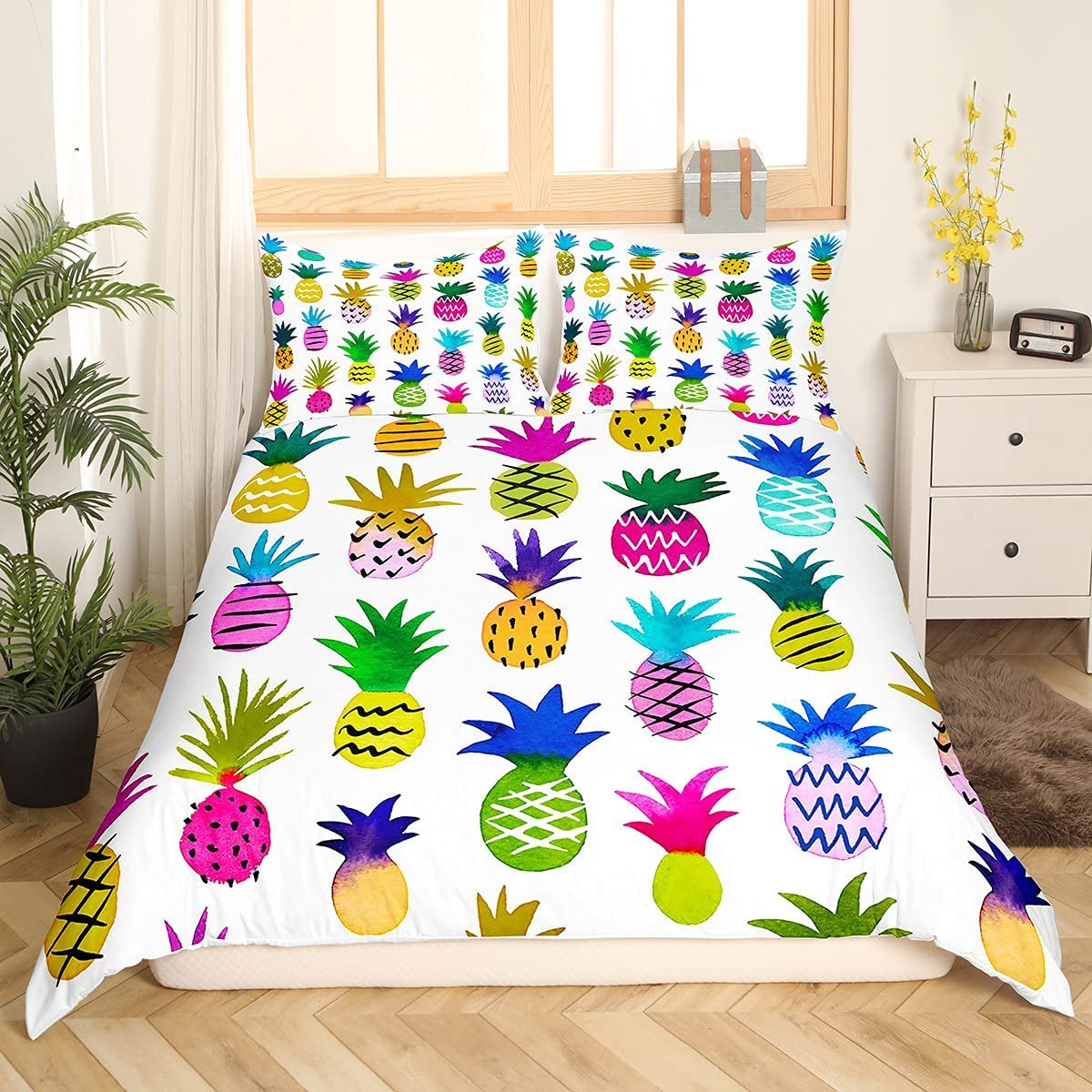 Ananas-Bettbezug-Set, gelbes Fruchtmuster, King- und Queen-Size-Größe für Kinder, Jungen und Mädchen, Polyester-Bettbezug mit Kissenbezug EU single(135x200cm) von Joom DACH