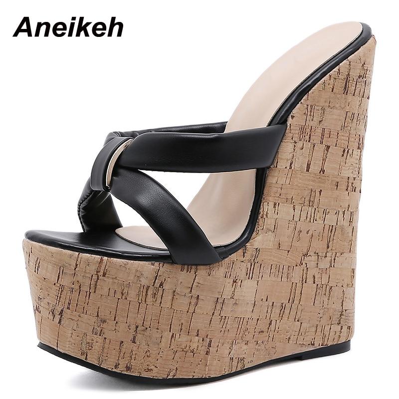 Aneikeh Keile Ferse Frauen Hausschuhe Mode Offene spitze Plattform Sandalen Sommer Super High Heels Weibliche Party Schuhe Größe 35-42 41 schwarz von Joom DACH