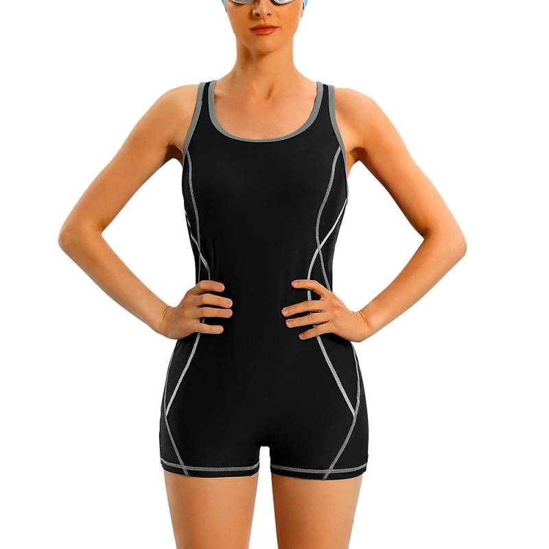 Anfilia Einteiliger Damen-Sport-Badeanzug, rückenfrei, Boxer, konservativer Badeanzug, Patchwork, Strandkleidung, Badeanzug L grau von Joom DACH
