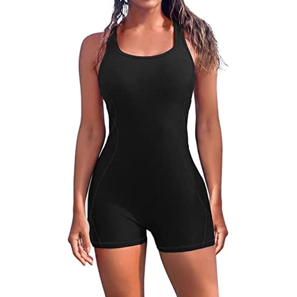 Anfilia Einteiliger Damen-Sport-Badeanzug, rückenfrei, Boxer, konservativer Badeanzug, Patchwork, Strandkleidung, Badeanzug M schwarz von Joom DACH