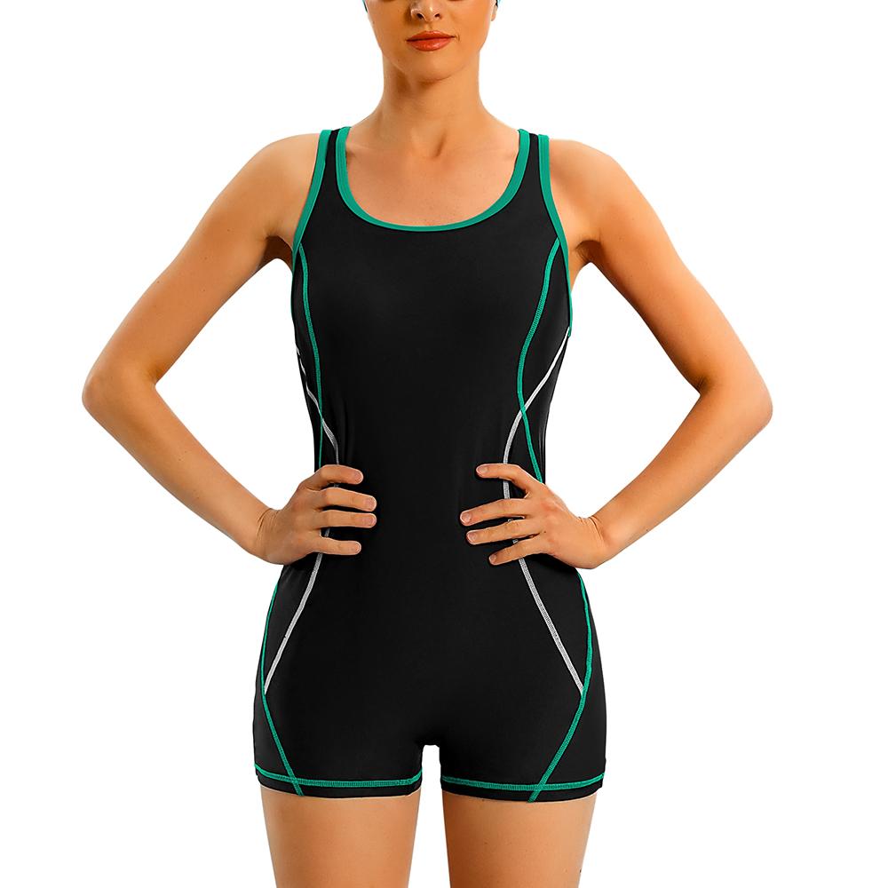 Anfilia Einteiliger Damen-Sport-Badeanzug, rückenfrei, Boxer, konservativer Badeanzug, Patchwork, Strandkleidung, Badeanzug XL grün von Joom DACH