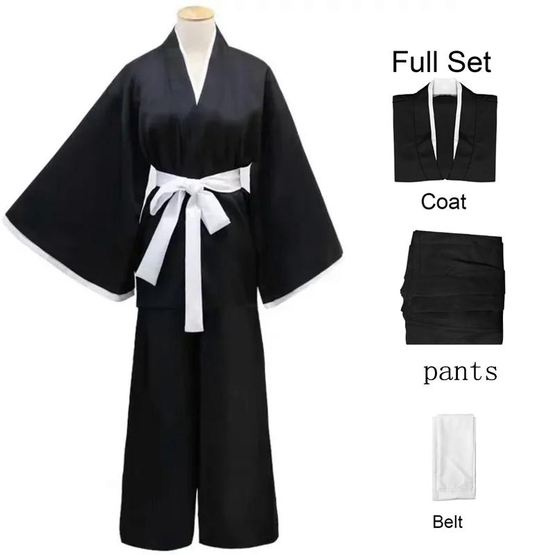 Anime Bleach Kurosaki Ichigo Cosplay Kostüm Erwachsene Frauen/Männer Outfits Schwarz Kimono Batwing Mantel Top Schwarze Hose Gürtel Halloween Set XXL von Joom DACH