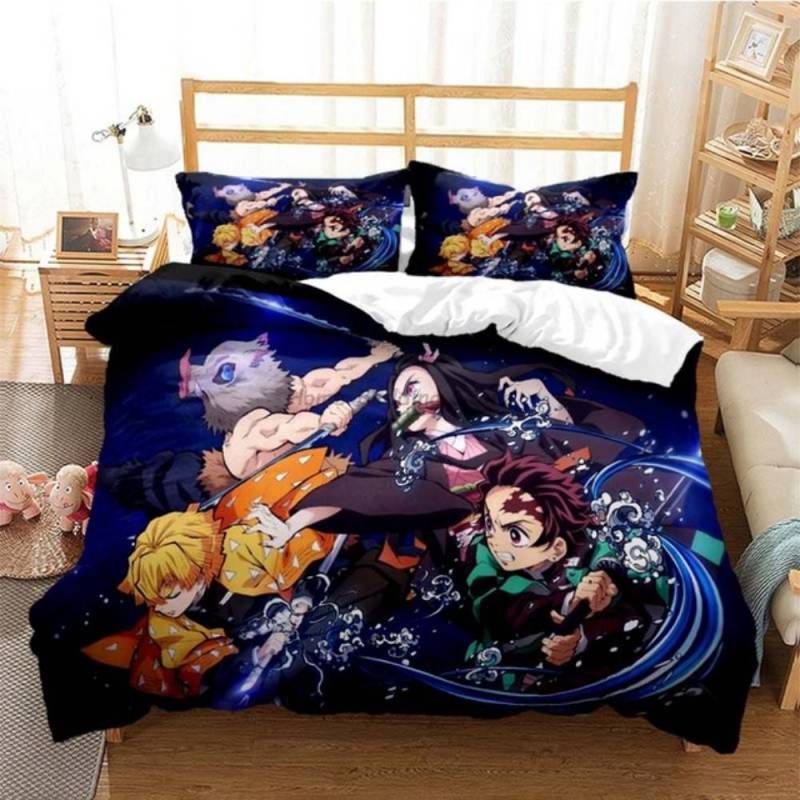 Anime Demon Slayer Bettwäsche-Set, japanische Cartoon-Bettwäsche, 200 x 220 cm, für Teenager und Mädchen, Twin, Single, Queen, King, Full, Bettbezug-Sets AU Double 180x210cm von Joom DACH