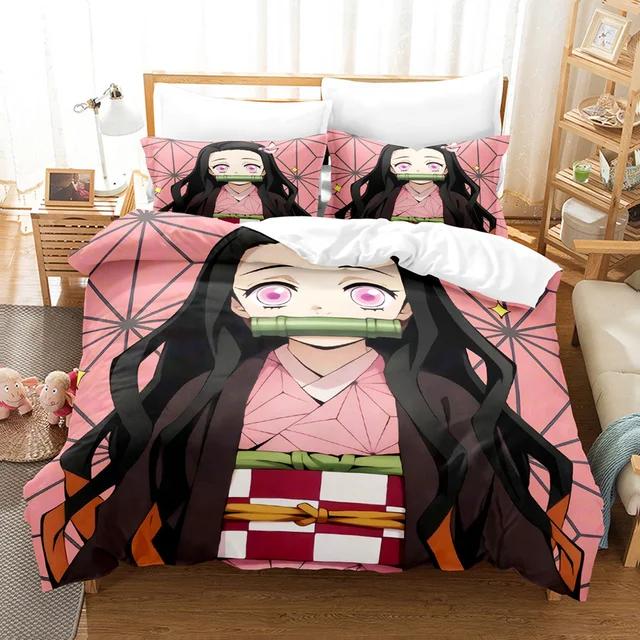 Anime Demon Slayer Bettwäsche-Set Nezuko Kamado Bettbezug Steppdecke Bettwäsche Einzelbett Twin Full Queen Größe 3d Kinder Mädchen Jungen Geschenk US Twin(172x218cm) von Joom DACH