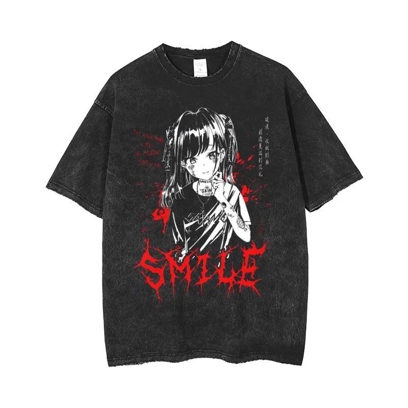 Anime Herren T-Shirts Gothic Bedrucktes T-Shirt Hip Hop Streetwear Punk Sommer Vintage Washed Oversized Tops Herrenbekleidung XL von Joom DACH