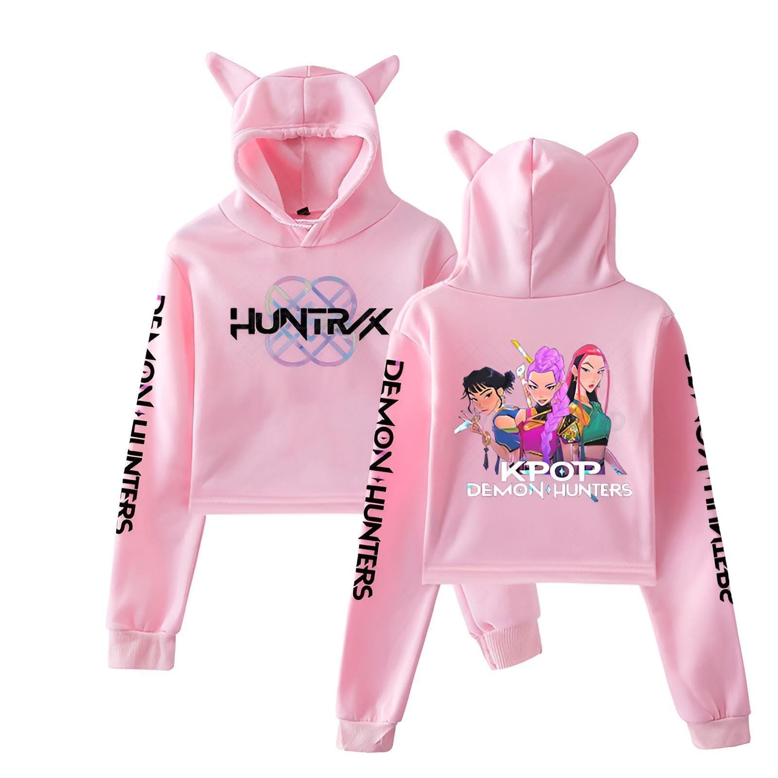 Anime K-Pop Dämonenjäger Crop Katzenohren Langarm Sweatshirt Saja Jungen Cosplay Kostüm Mode Hoodie für Frauen Mädchen XL rosa von Joom DACH