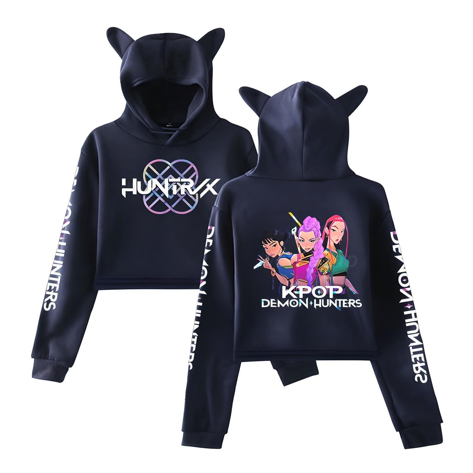 Anime K-Pop Dämonenjäger Crop Katzenohren Langarm Sweatshirt Saja Jungen Cosplay Kostüm Mode Hoodie für Frauen Mädchen XS navy blau von Joom DACH