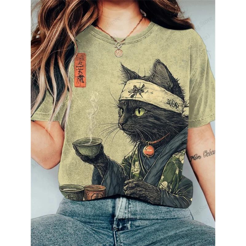 Anime Katze Samurai 3D Druck Vintage Grafik T-Shirt Damen Mode Lässig Übergroß Kurzarm Oberteile Tees Damen Kleidung Tier M von Joom DACH