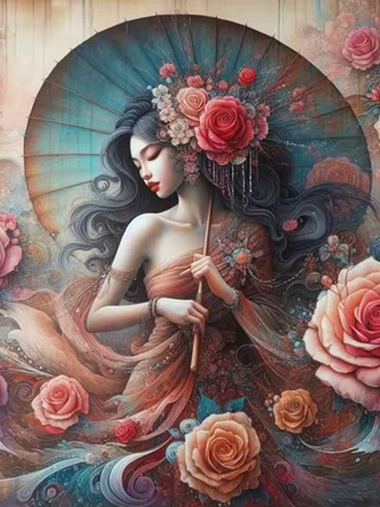 Antiker Stil Regenschirm haltende Frau 5D DIY Diamant Malerei Kit Diamant Stickerei Zimmer Wand Kunst Drucke Home Decor Wandbild Full Round 60x80CM von Joom DACH