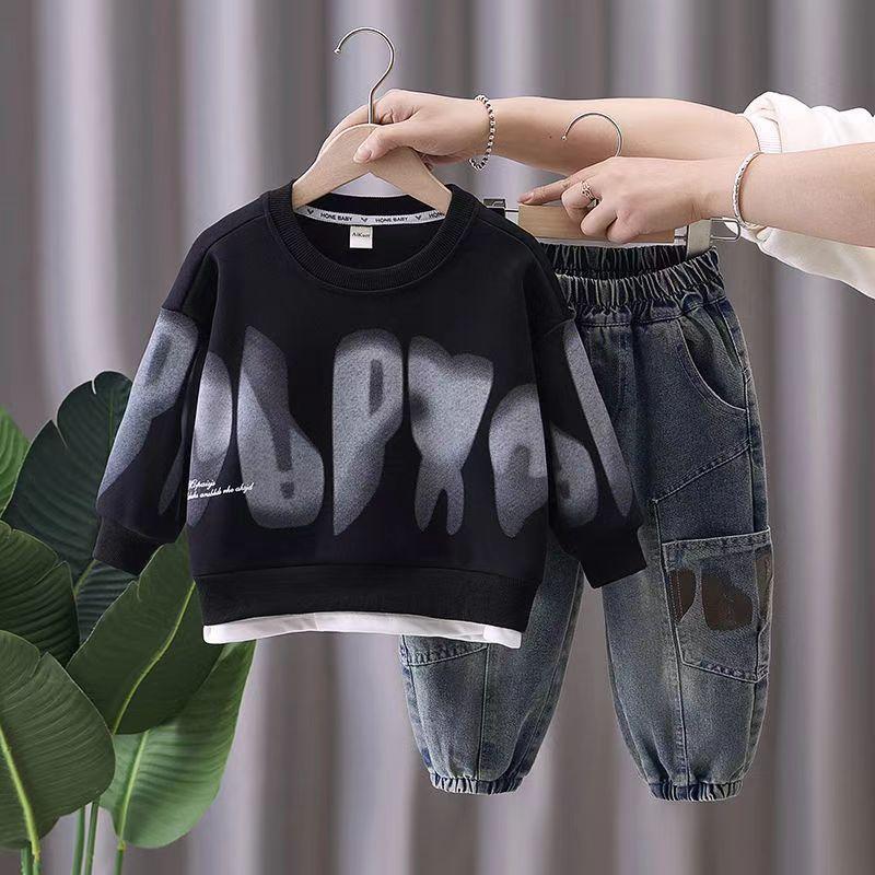 Anzüge für Jungen, mittlere und kleine Kinder, Frühlings- und Herbstmodelle, modische Kinderpullover im Westernstil, Jeans, Jungen 100 schwarz von Joom DACH
