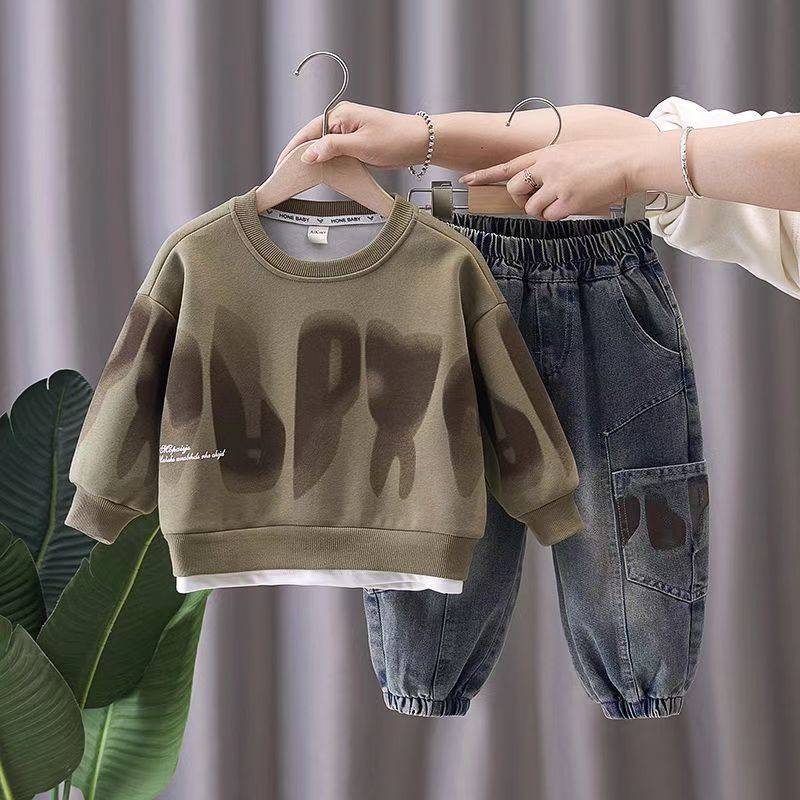 Anzüge für Jungen, mittlere und kleine Kinder, Frühlings- und Herbstmodelle, modische Kinderpullover im Westernstil, Jeans, Jungen 110 khaki von Joom DACH