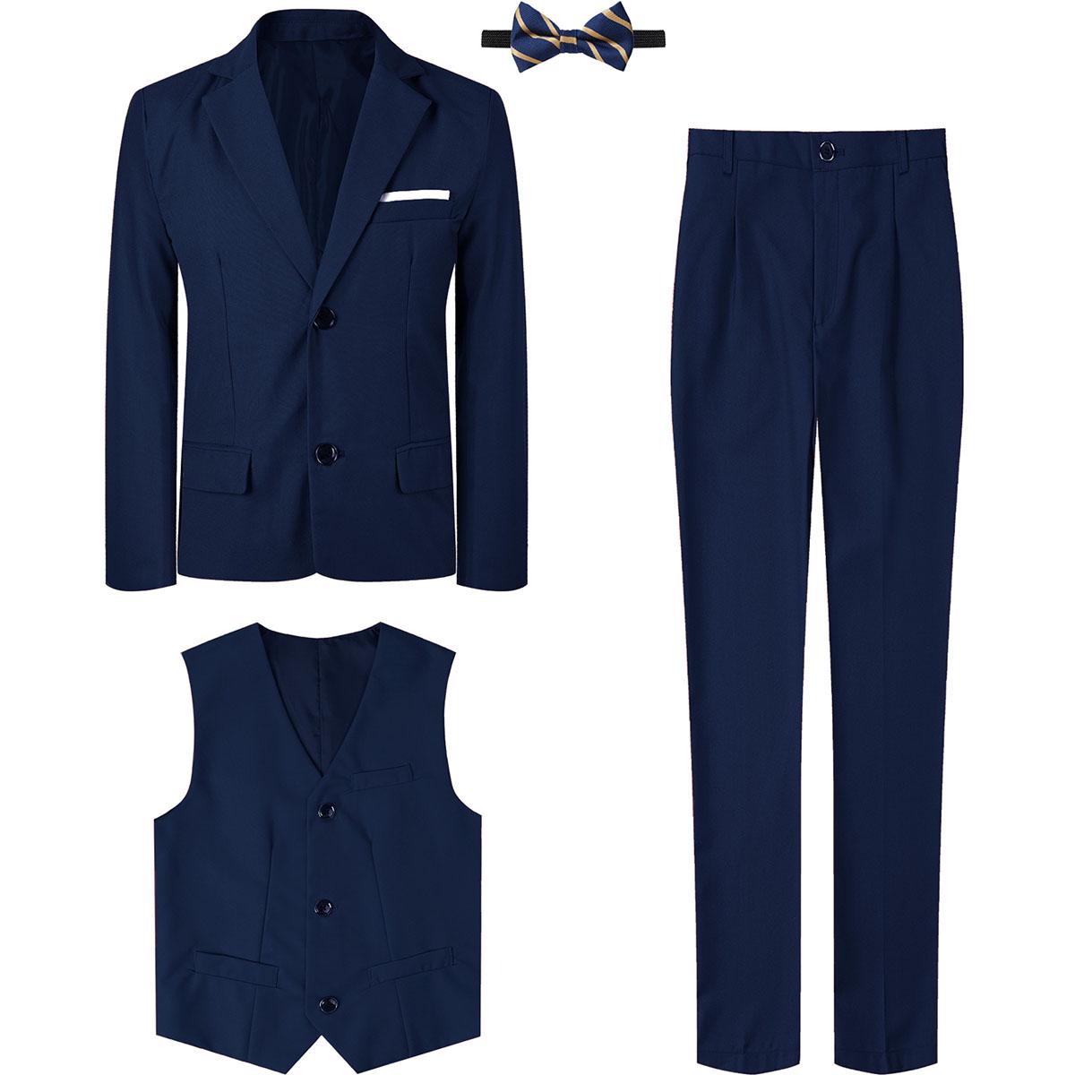 Anzug für Kinder Jungen Hochzeit formelles Outfit-Set Kinder Gentleman Ringträger Kleidung Perform Smoking Weste + Hose + Blazer 3-teilig 150 blau von Joom DACH