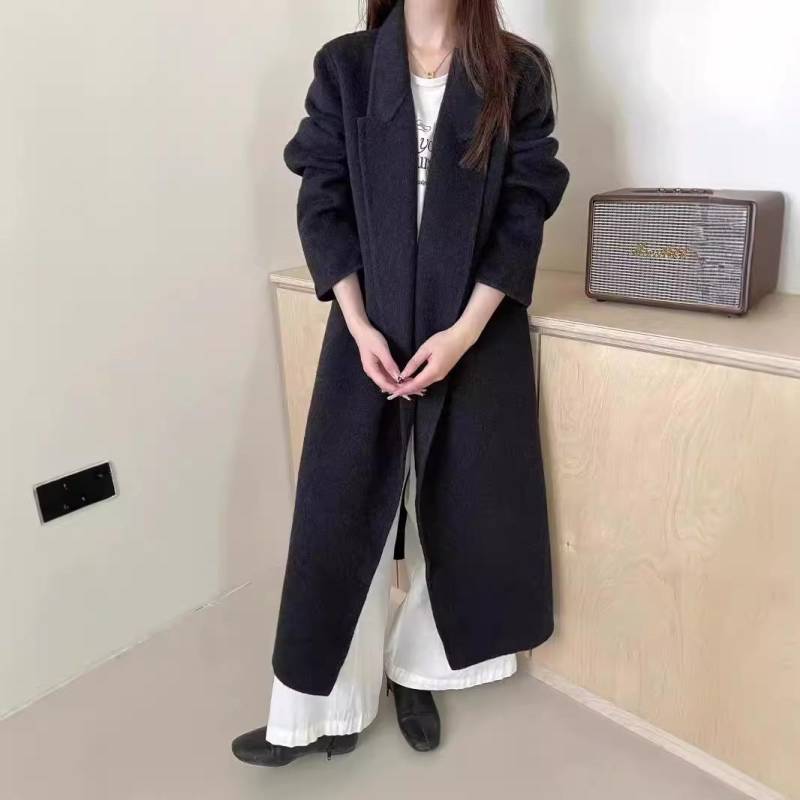 Anzugkragen Einfarbig Schnürung Lang Doppelseitiger Wollmantel mit Taschen, Vielseitig, Warm und Wollmantel im neuen Stil für Damen S von Joom DACH