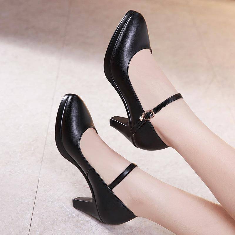 Arbeitsschuhe aus Leder mit dickem Absatz, Damen-High-Heels-Pumps-Schuhe 38 schwarz von Joom DACH