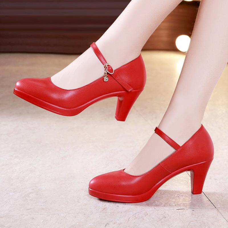 Arbeitsschuhe aus Leder mit dickem Absatz, Damen-High-Heels-Pumps-Schuhe 42 rot von Joom DACH