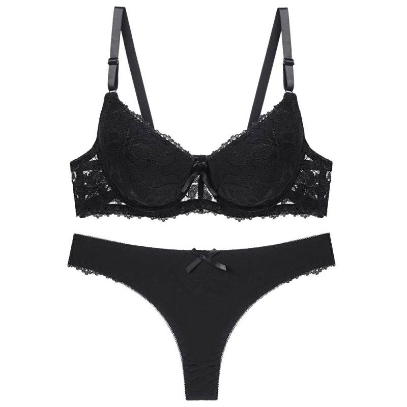 Artdewred Spitzen-Push-Up-BH und Höschen-Set für Damen, Unterwäsche-Sets, Intimates, Stickerei, BH-Slip-Sets 85C schwarz von Joom DACH