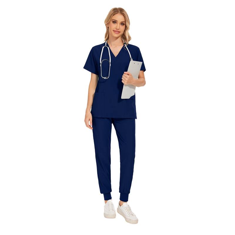 Arzt Krankenschwester Arbeitsuniform 2 Teile/satz Damen Kurzarm V-ausschnitt Krankenschwester Top T-shirt + Hose Set S navy blau von Joom DACH
