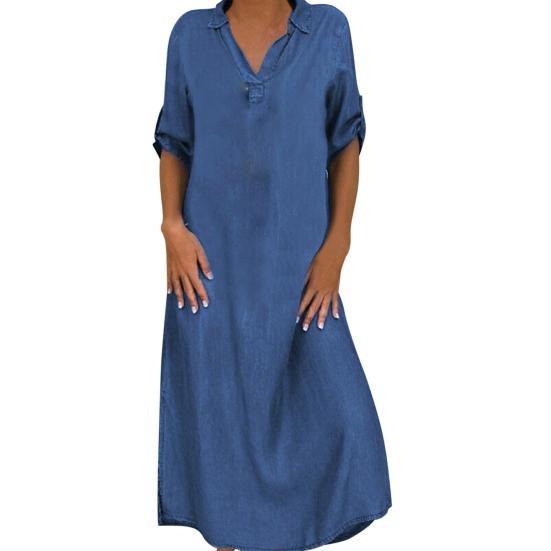 Ashley Woman Damen Vintage-Sommerkleid mit V-Ausschnitt und halben Ärmeln, seitlich geschlitzter Saum, lockeres, langes Jeanskleid 2XL hellblaue von Joom DACH