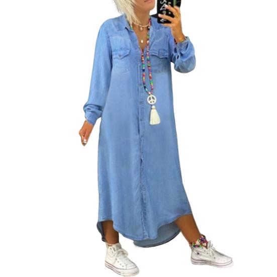 Ashley Woman Damen Vintage-Sommerkleid mit V-Ausschnitt und halben Ärmeln, seitlich geschlitzter Saum, lockeres, langes Jeanskleid L hellblaue von Joom DACH