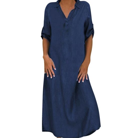Ashley Woman Damen Vintage-Sommerkleid mit V-Ausschnitt und halben Ärmeln, seitlich geschlitzter Saum, lockeres, langes Jeanskleid XXL dunkelblaue von Joom DACH