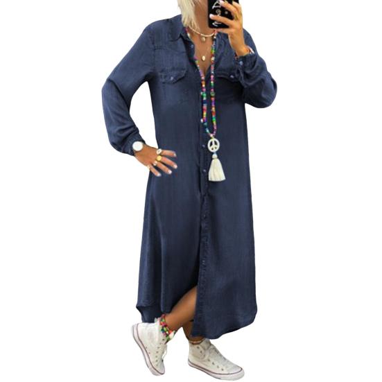 Ashley Woman Damen Vintage-Sommerkleid mit V-Ausschnitt und halben Ärmeln, seitlich geschlitzter Saum, lockeres, langes Jeanskleid XXS dunkelblaue von Joom DACH