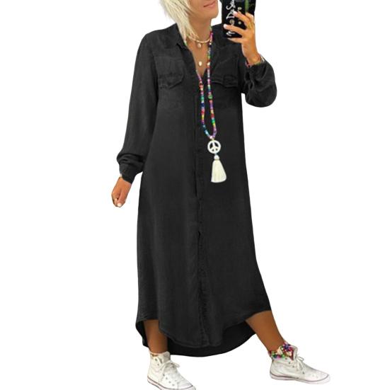 Ashley Woman Damen Vintage-Sommerkleid mit V-Ausschnitt und halben Ärmeln, seitlich geschlitzter Saum, lockeres, langes Jeanskleid XXS schwarz von Joom DACH