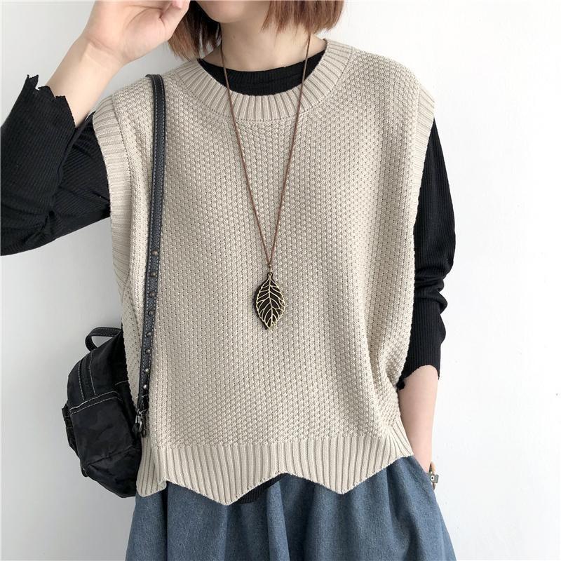 Asymmetrische Weste Damen Oberbekleidung Layering Einfarbig Rundhalsausschnitt Retro Weste Dünn Locker One szie apricot von Joom DACH