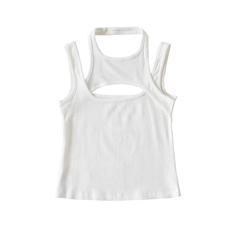 Asymmetrisches bauchfreies Top y2k E-Girl Aushöhlen Gestricktes Korsett-Top Ärmelloses O-Ausschnitt Miniweste Basic Casual Sportlich Sommer M weiß von Joom DACH
