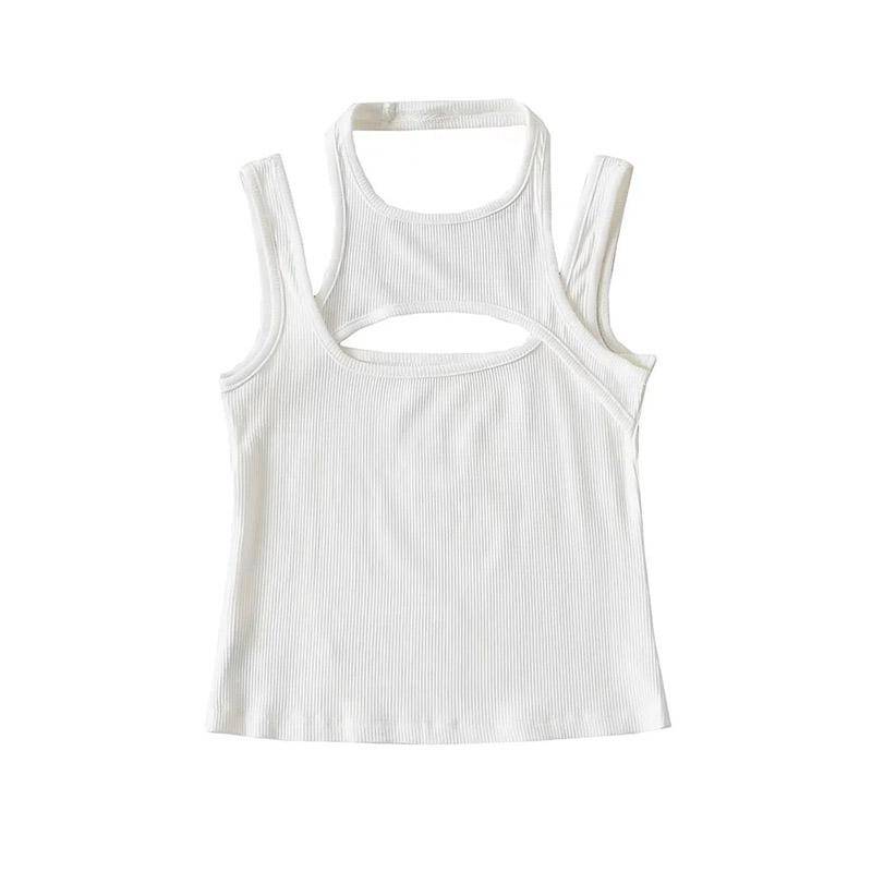 Asymmetrisches bauchfreies Top y2k E-Girl Aushöhlen Gestricktes Korsett-Top Ärmelloses O-Ausschnitt Miniweste Basic Casual Sportlich Sommer M weiß von Joom DACH