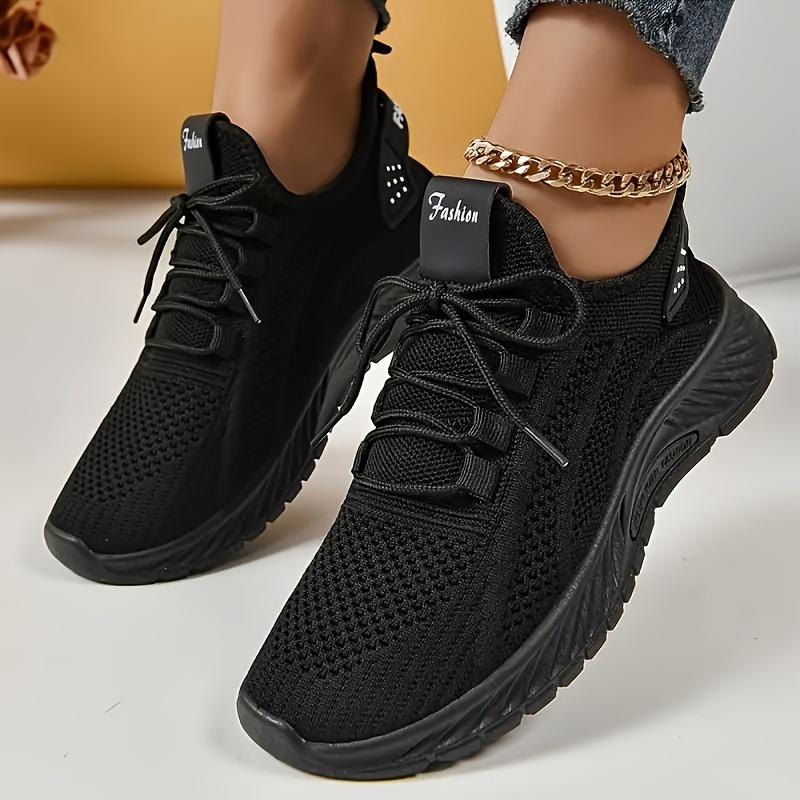 Atmungsaktive Strick-Fashion-Sneaker für Damen - Lässige Ganzjahres-Low-Top-Schnürschuhe zum Laufen und Tennisspielen mit runder Zehenpartie und PVC-Sohle 36 schwarz von Joom DACH