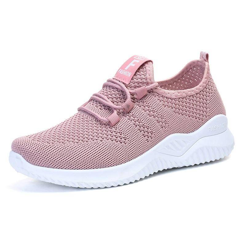 Atmungsaktive Strick-Sportschuhe für Damen mit dicker Sohle, lässige Outdoor-Schnürschuhe, bequeme Laufschuhe mit niedrigem Schaft 38 rosa von Joom DACH
