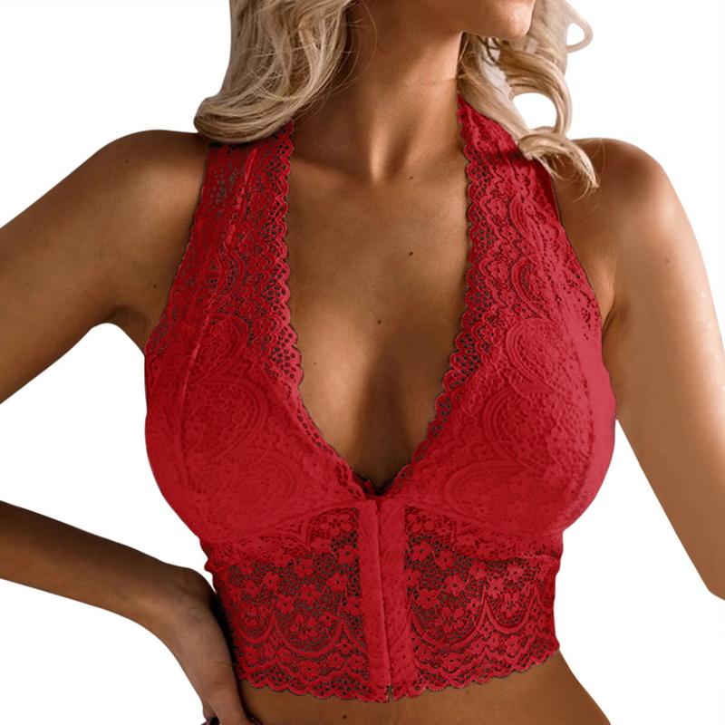 Atmungsaktives Oberteil für Damen mit tiefem V-Ausschnitt, weiblich, sexy Spitze, Unterwäsche, Weste, florales Neckholder-Top, vordere Schnalle, schmale Passform, bauchfreies Top, rückenfreier Unterwäsche-BH S rot von Joom DACH