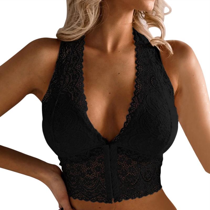 Atmungsaktives Oberteil für Damen mit tiefem V-Ausschnitt, weiblich, sexy Spitze, Unterwäsche, Weste, florales Neckholder-Top, vordere Schnalle, schmale Passform, bauchfreies Top, rückenfreier Unterwäsche-BH 5XL schwarz von Joom DACH