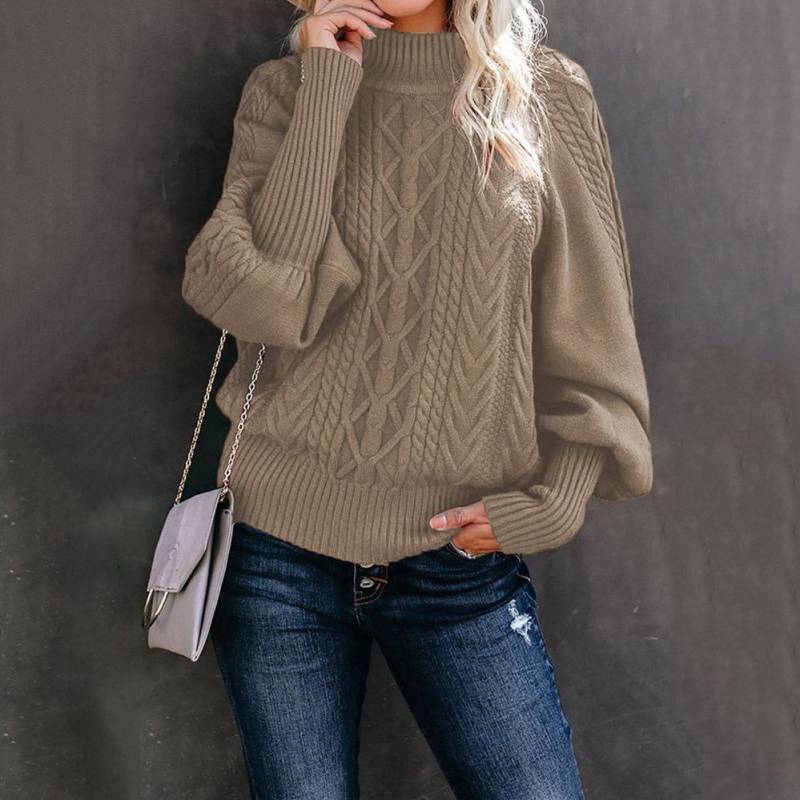 Auf der Suche nach einem neuen Wintermode-Pullover mit mittellangem Kragen für Frauen, lockerer, langärmeliger Strickpullover in Volltonfarbe XL khaki von Joom DACH