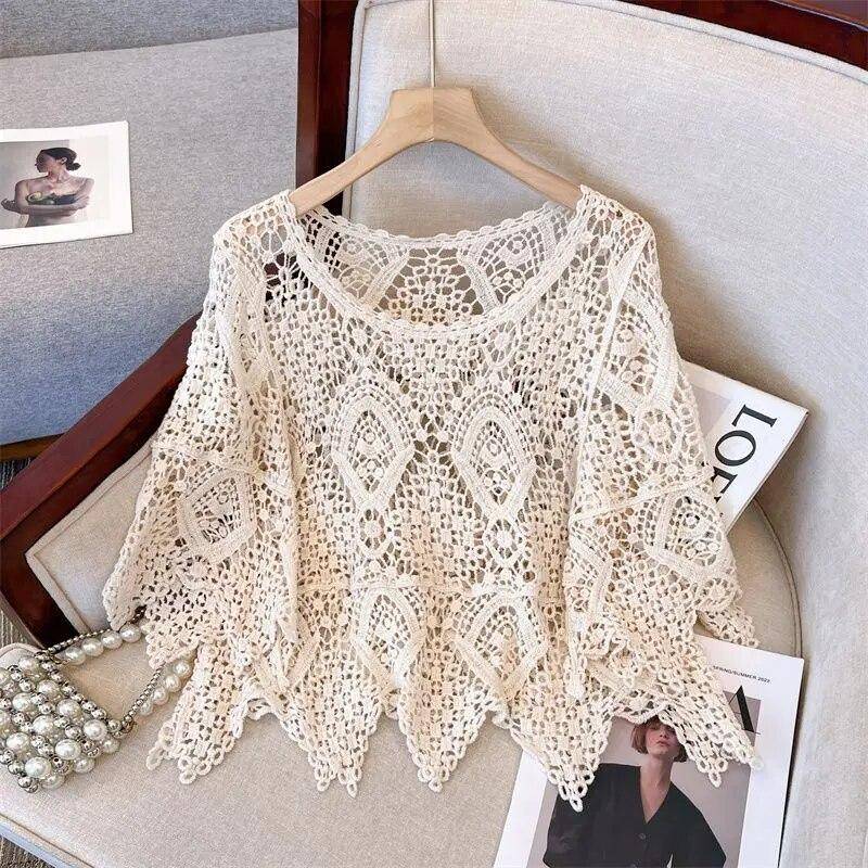 Ausgehöhlter Strickpullover mit Schlitzärmeln, kurzärmelige Oberbekleidung für den Sommer im neuen Stil für Damen, dünnes, lockeres und stilvolles Oberteil One Size beige von Joom DACH