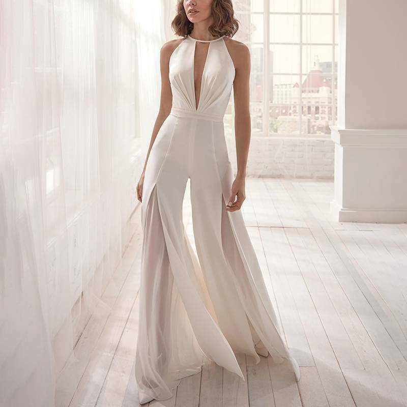 Ausgeschnittener Damen-Overall mit ärmellosem Neckholder und tiefem Ausschnitt XXL weiß von Joom DACH