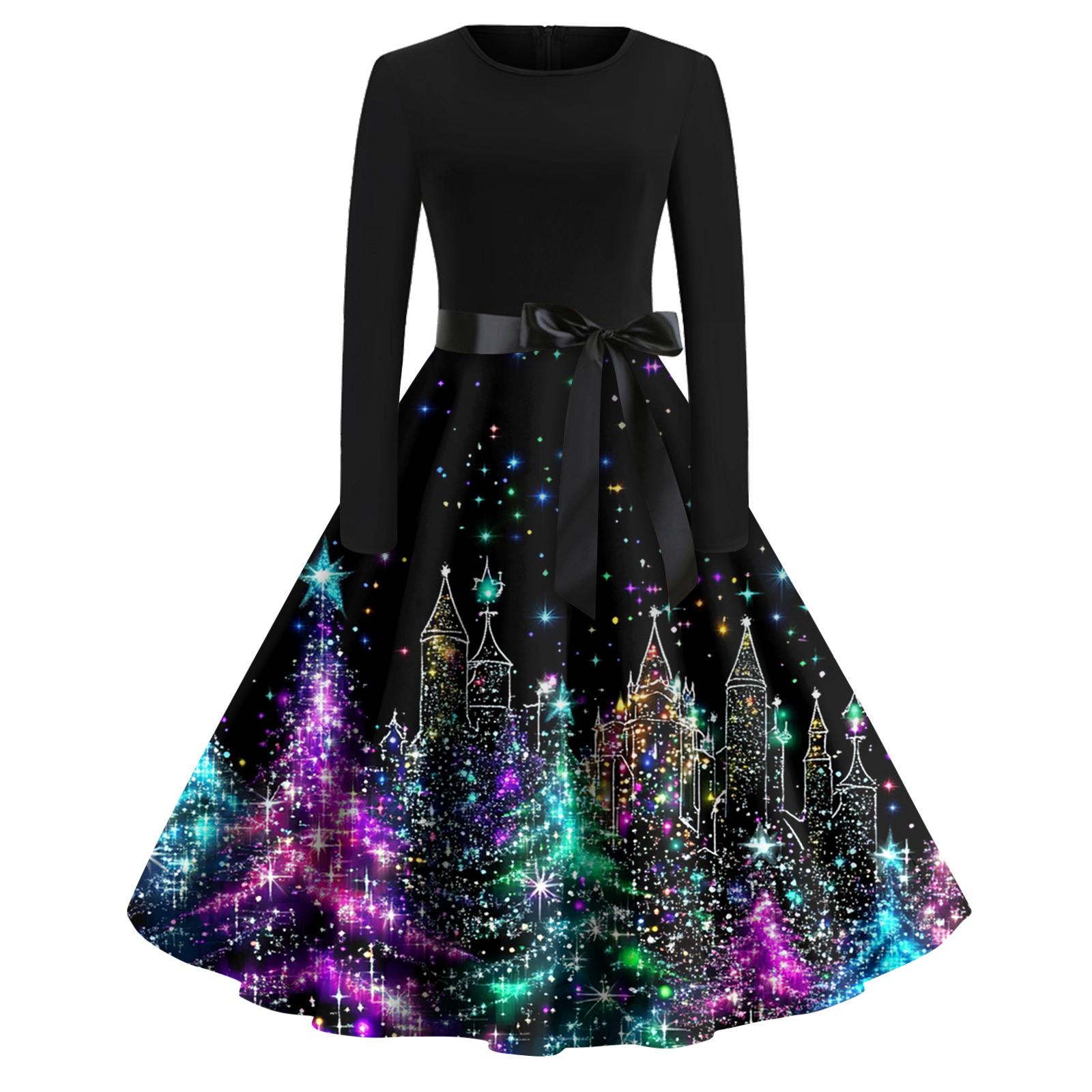 Ausgestelltes Kleid mit Weihnachtsdruck für Damen, langärmelig, hohl, Party, Freizeitkleider L von Joom DACH