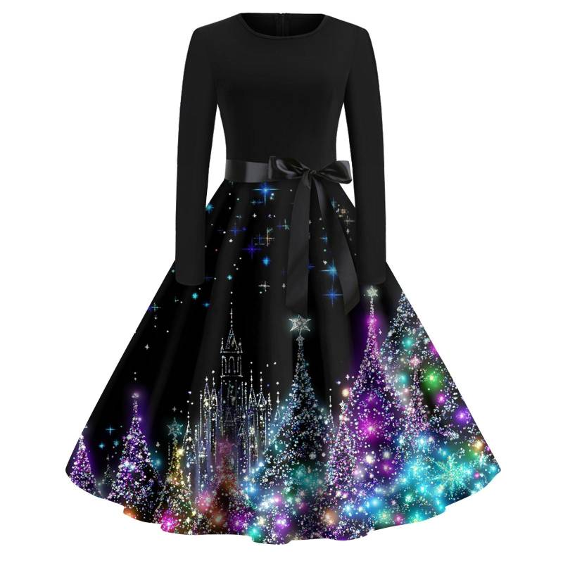 Ausgestelltes Kleid mit Weihnachtsdruck für Damen, langärmelig, hohl, Party, Freizeitkleider XL dunkelblau von Joom DACH