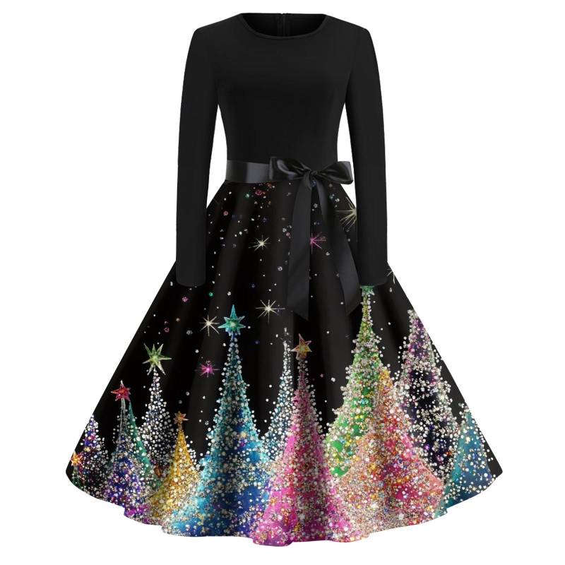 Ausgestelltes Kleid mit Weihnachtsdruck für Damen, langärmelig, hohl, Party, Freizeitkleider XXL von Joom DACH