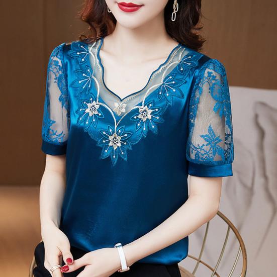 Ausschnitt Große Größe Größe Pullover Spitze Patchwork Plus Kurze Ärmel V-Match Hosen Chiffon Durchsichtige Bluse Damen L goldgelb/schwarz von Joom DACH