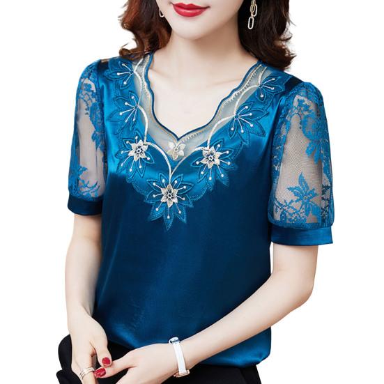 Ausschnitt Große Größe Größe Pullover Spitze Patchwork Plus Kurze Ärmel V-Match Hosen Chiffon Durchsichtige Bluse Damen L von Joom DACH