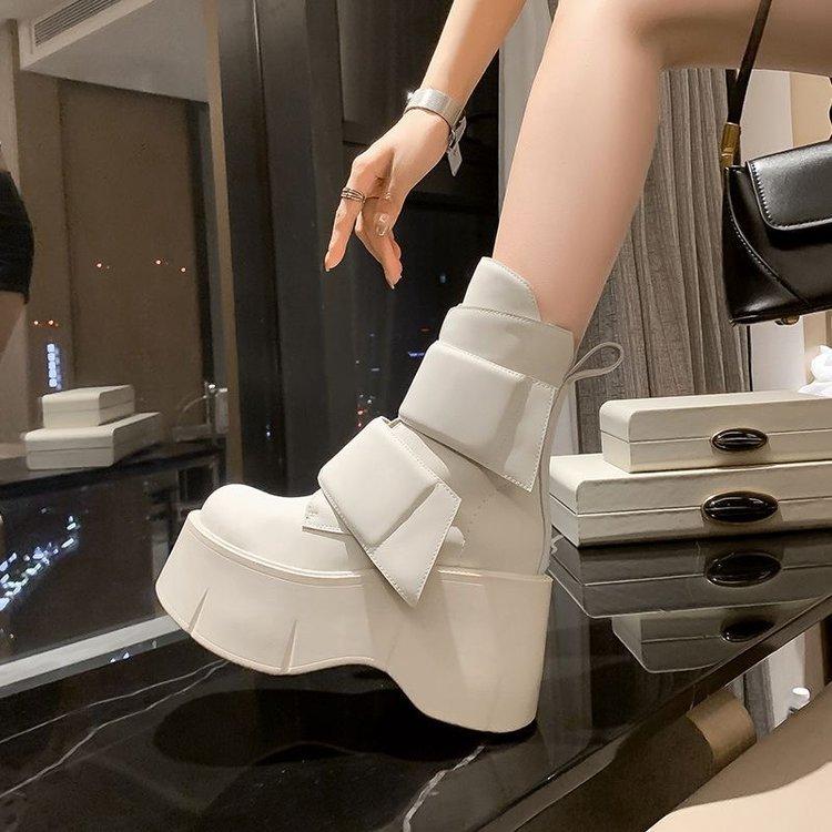 Herbst Europäischer Bahnhof High Heel Kurze Stiefel Damen Muffin Dicke Sohle Klettverschluss Weiß Mode Stiefel Großer Kopf Martin Stiefel Europäische Welle 38 von Joom DACH